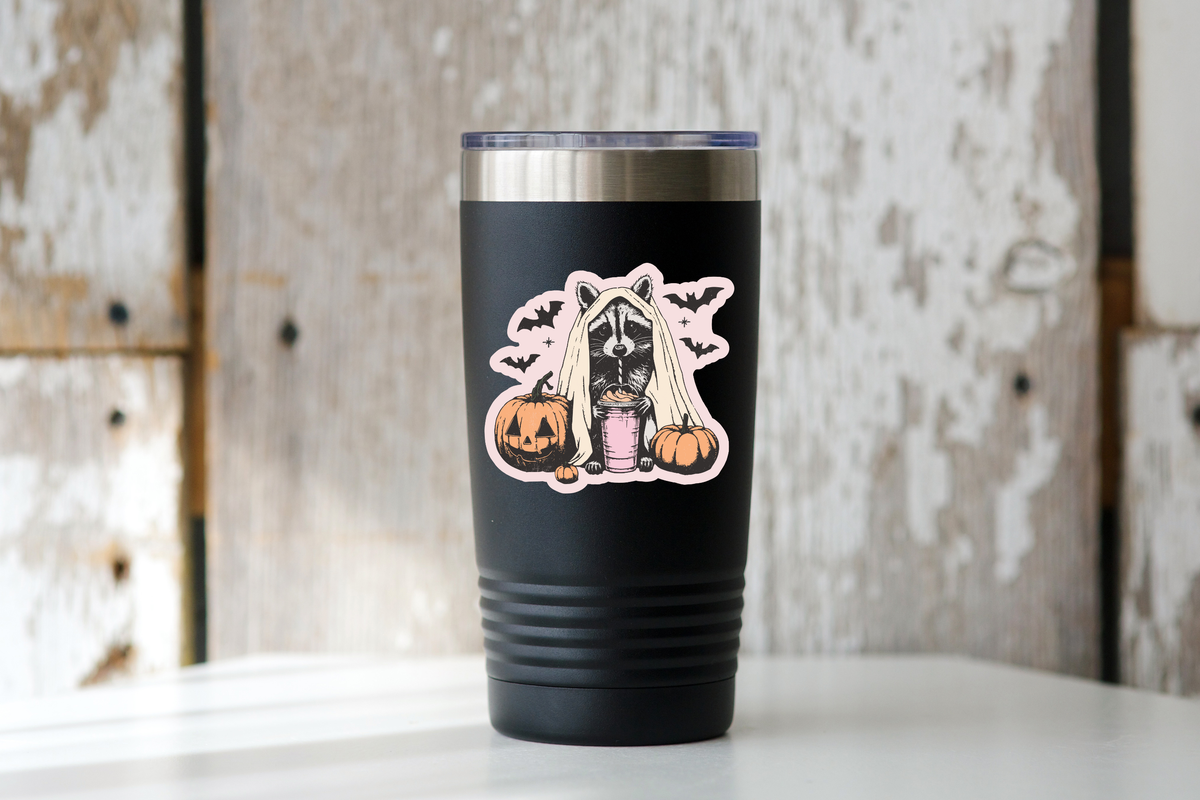 Fall Vibing Raccoon Sticker - pumpkin spice, halloween, bats