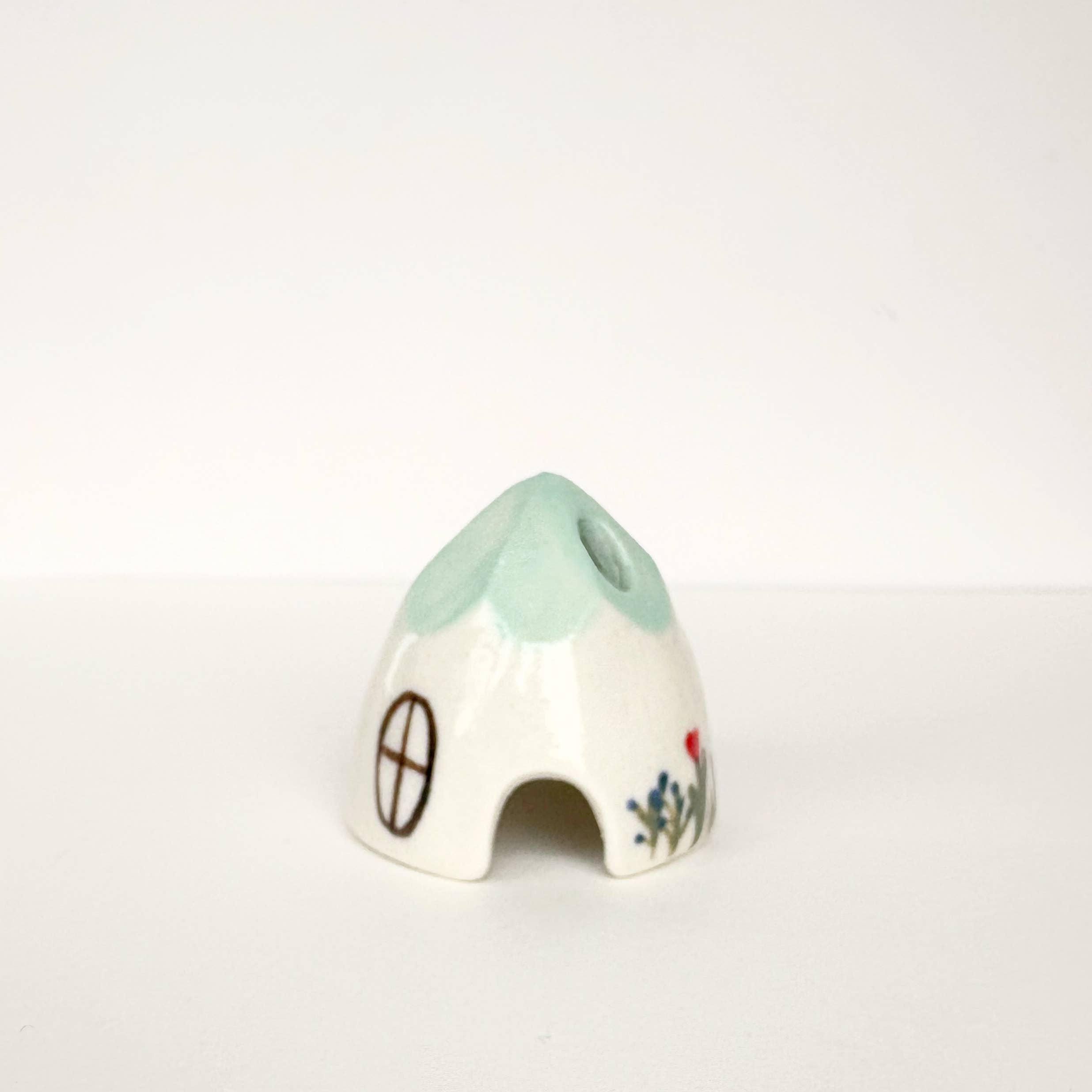 Turquoise Ceramic Mouse House Cone Incense Burner Flowers