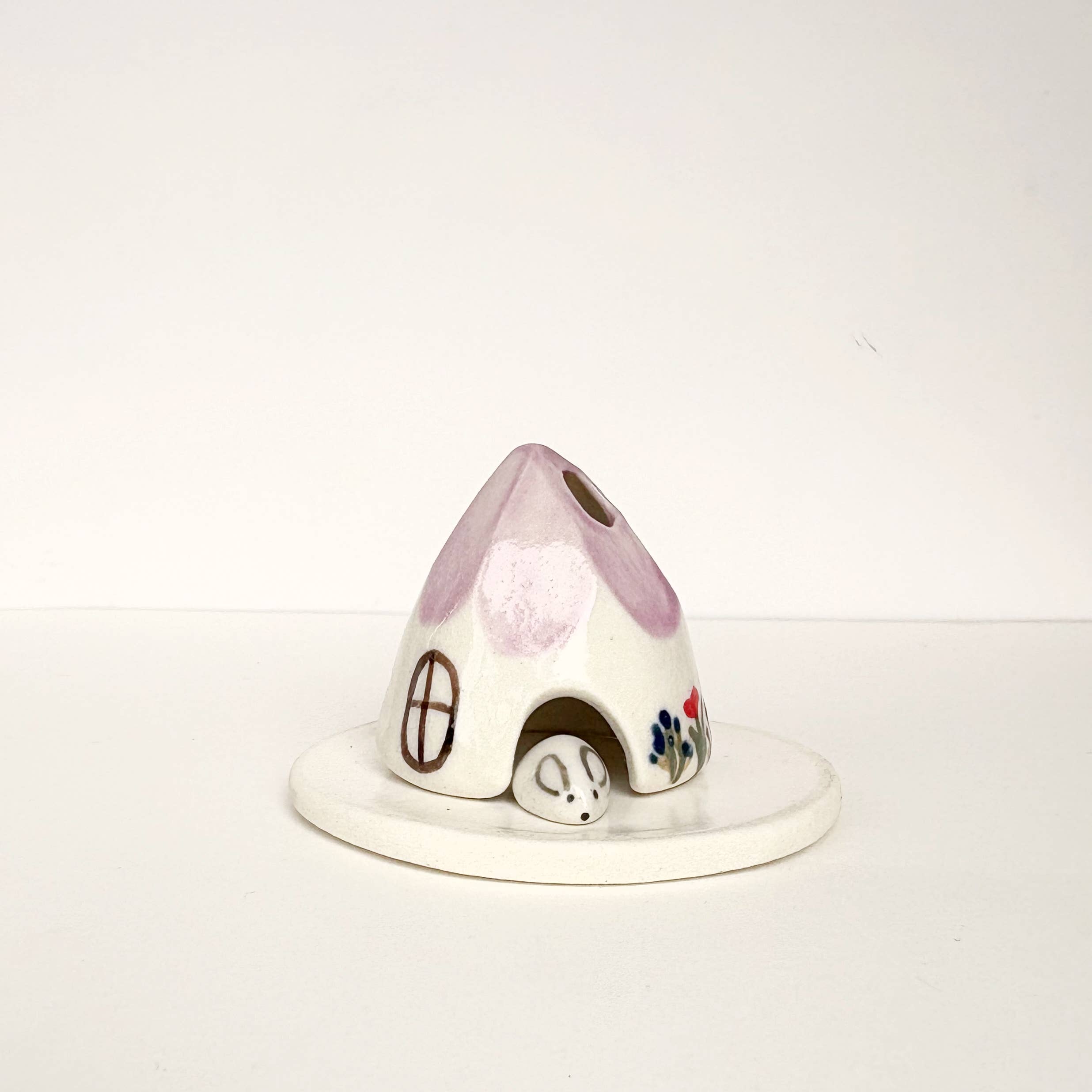 Violet Ceramic Mouse House Cone Incense Burner With Flowers
