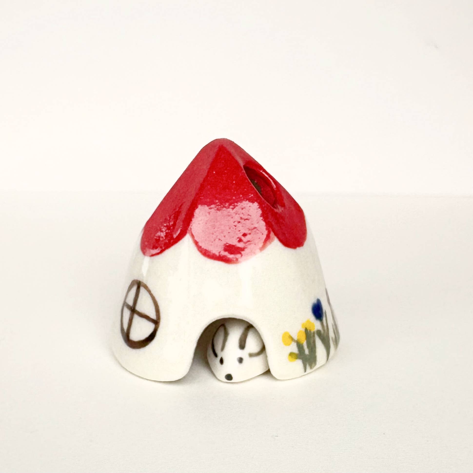 Red Ceramic Mouse House Cone Incense Burner With Flowers
