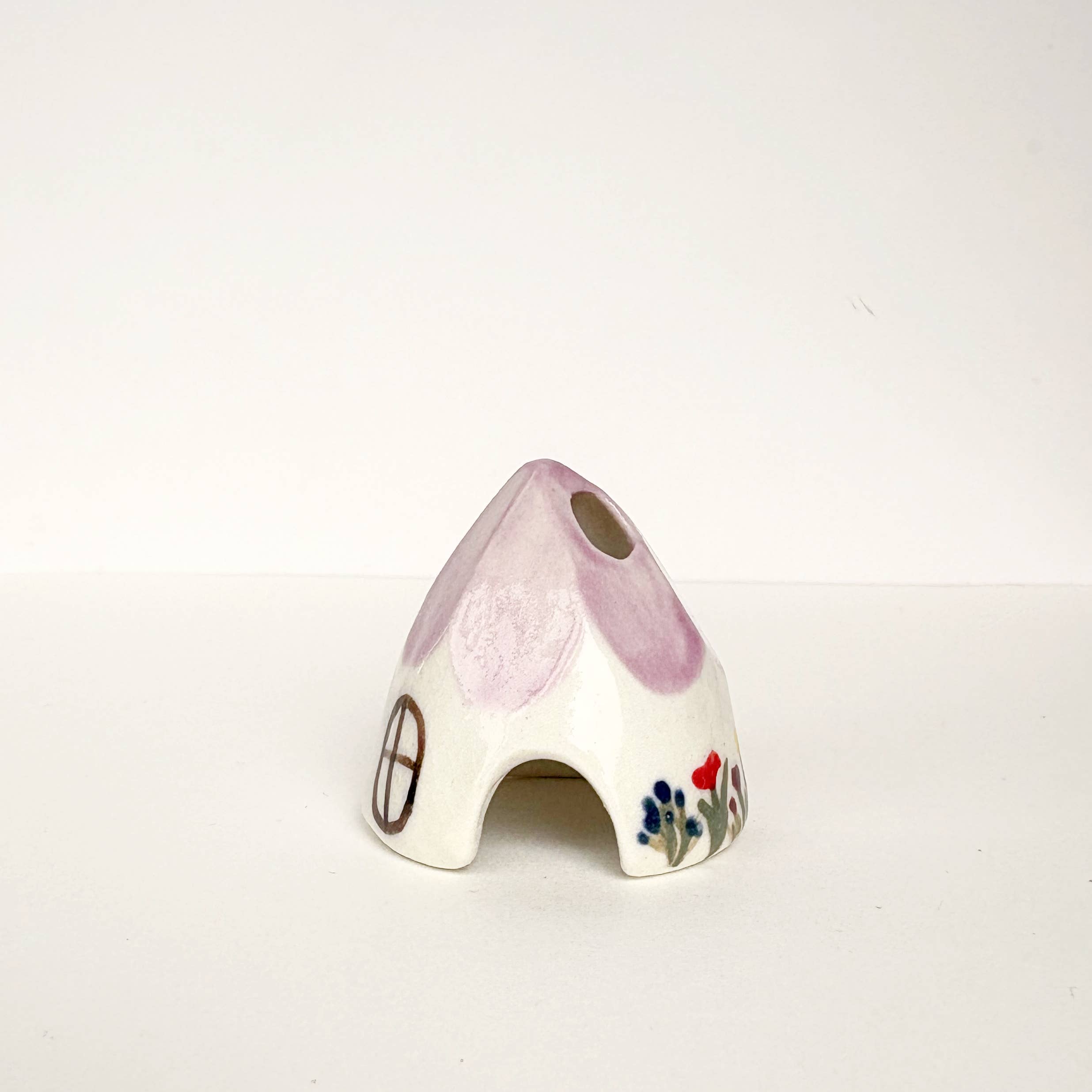 Violet Ceramic Mouse House Cone Incense Burner With Flowers
