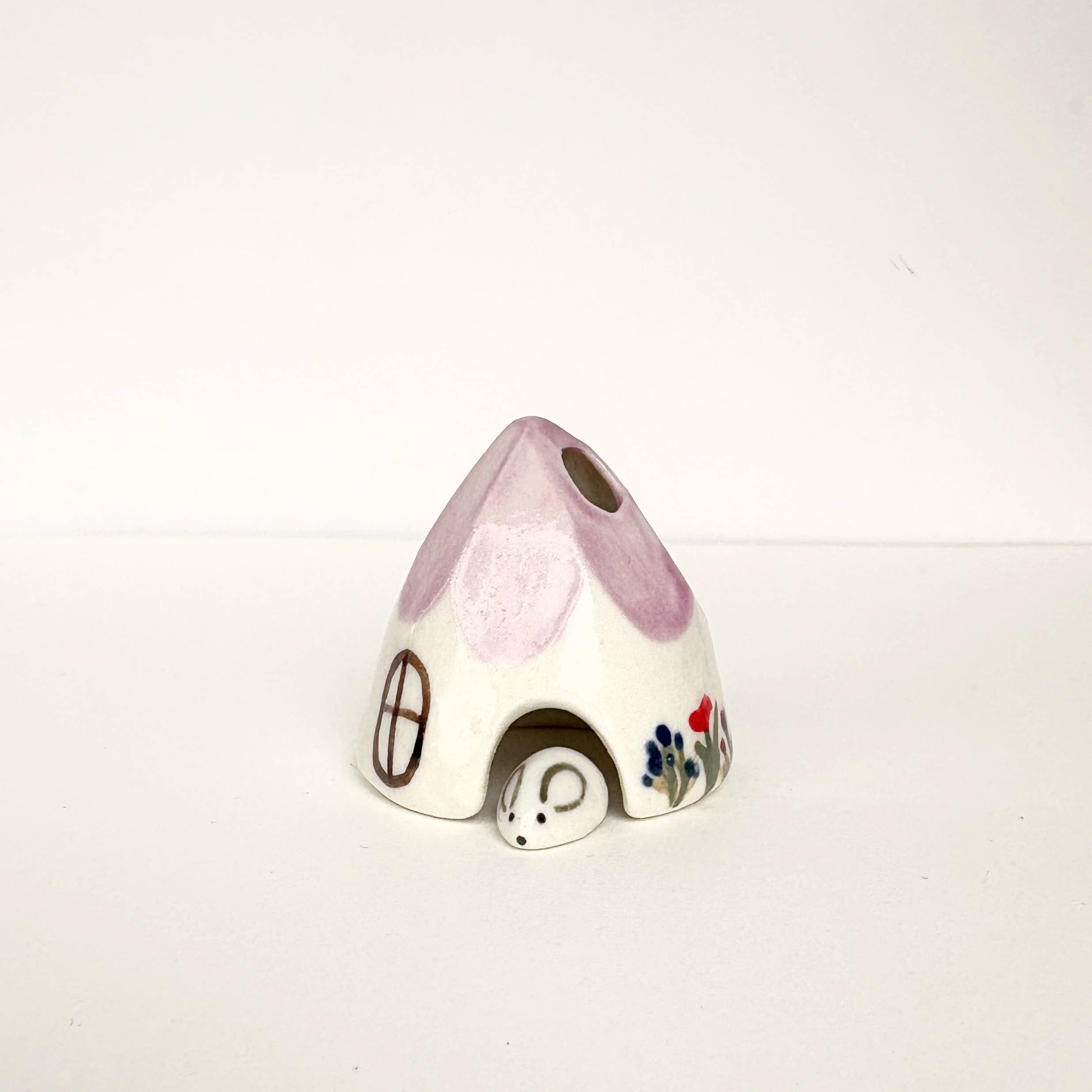 Violet Ceramic Mouse House Cone Incense Burner With Flowers