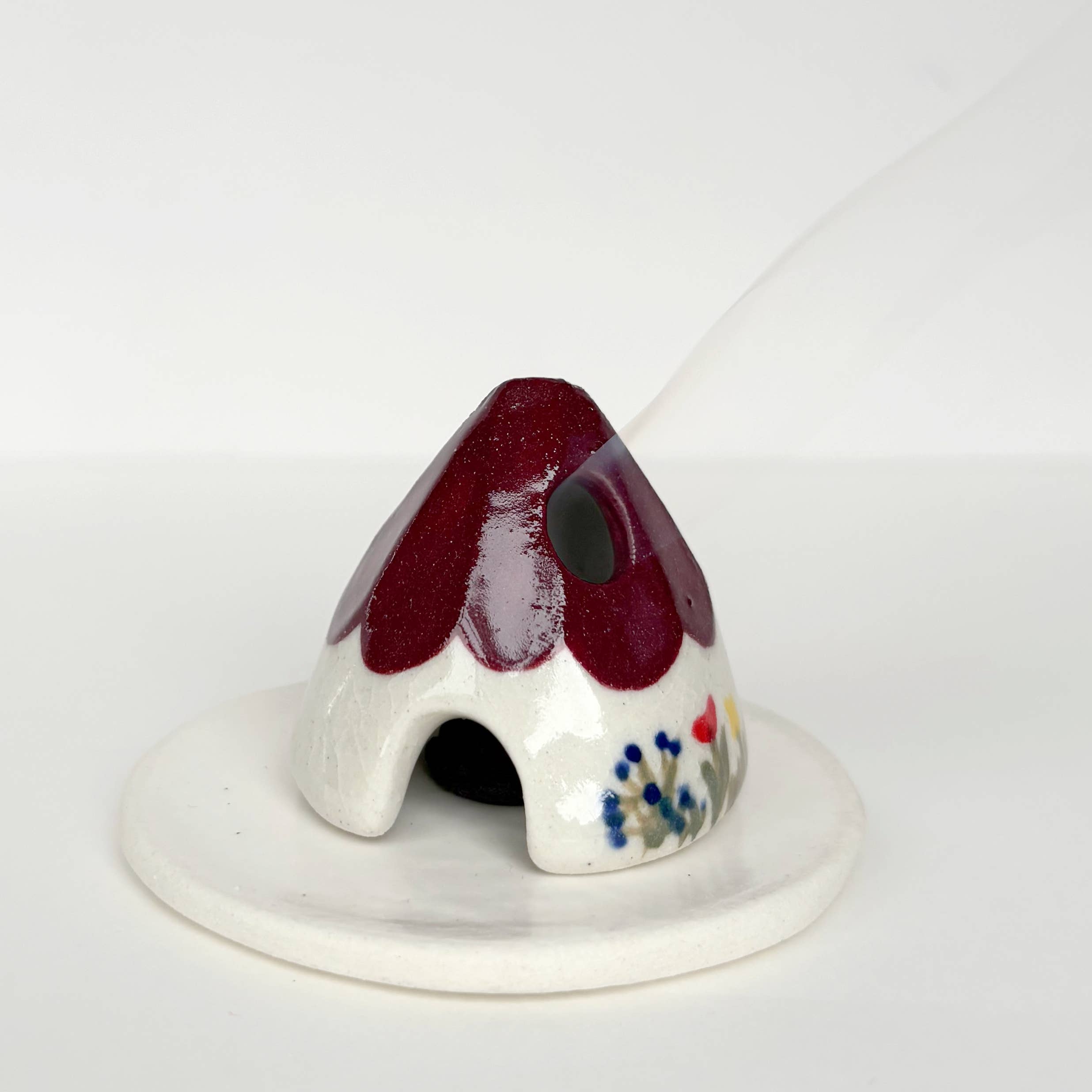 Turquoise Ceramic Mouse House Cone Incense Burner Flowers