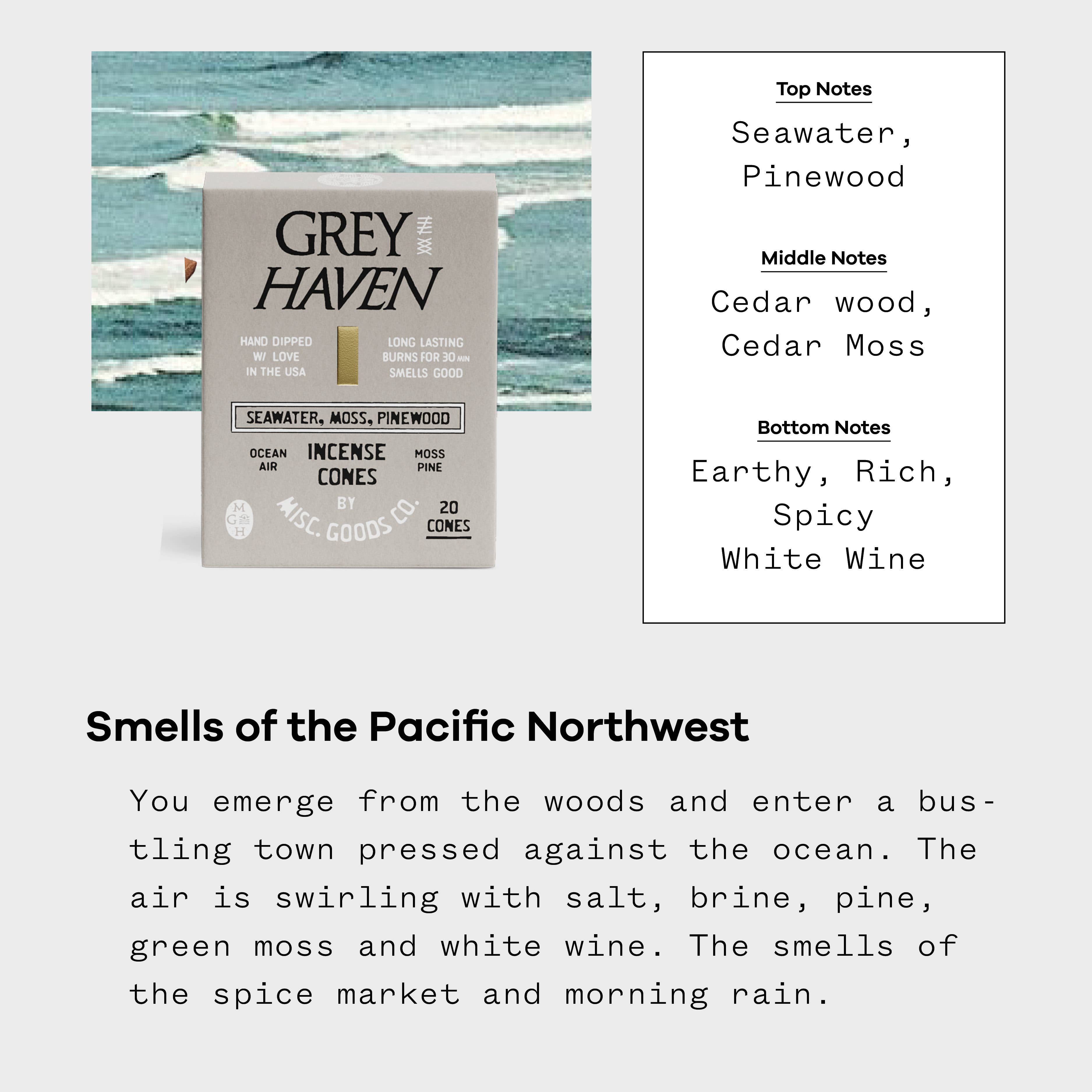 Greyhaven Incense Cones – Salt Air, Moss & Pine | Clean Burning, 20-Pack