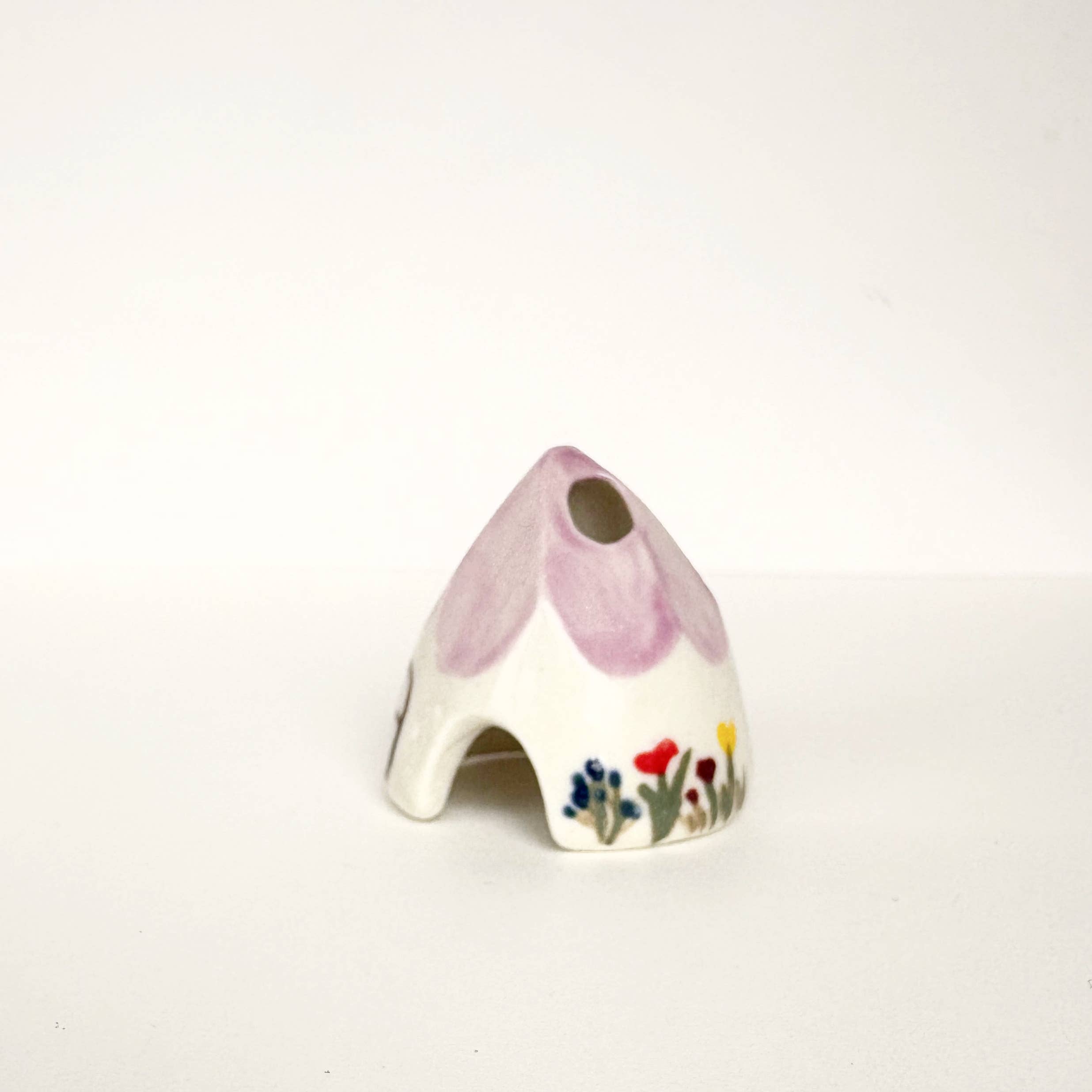 Violet Ceramic Mouse House Cone Incense Burner With Flowers