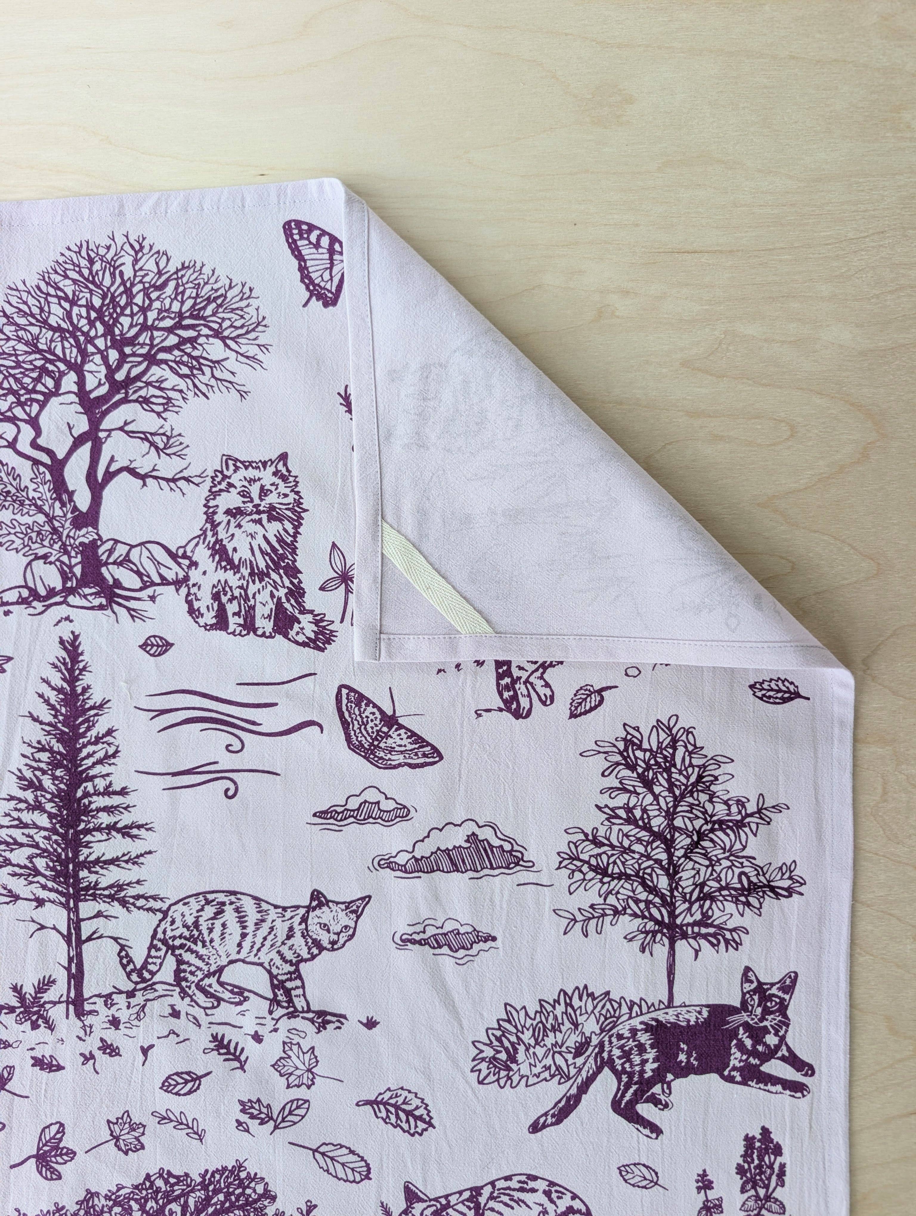 Tea towel | outside cats - purple cotton flour sack kitchen dish cloth