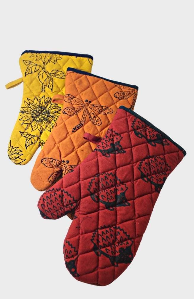 Hand Block-Printed Cotton Oven Mitt- Large, Padded