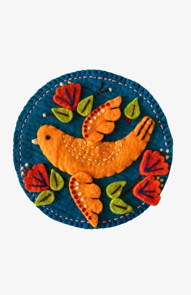 Colorful Hand Crafted Bird &amp; Flower Design Felt Trivet