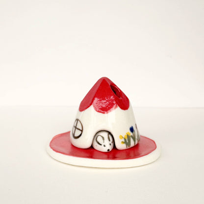 Red Ceramic Mouse House Cone Incense Burner With Flowers
