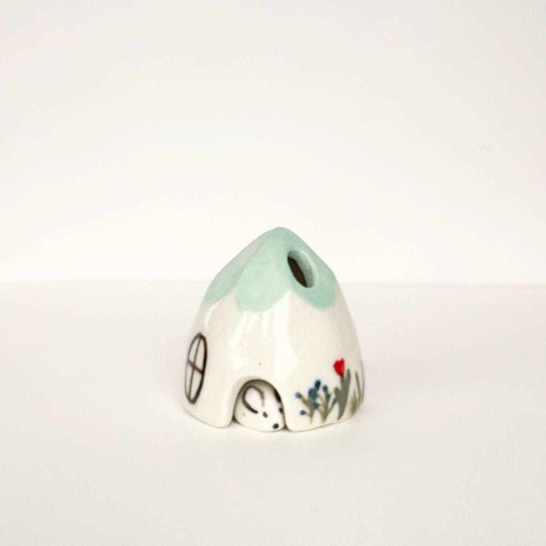 Turquoise Ceramic Mouse House Cone Incense Burner Flowers