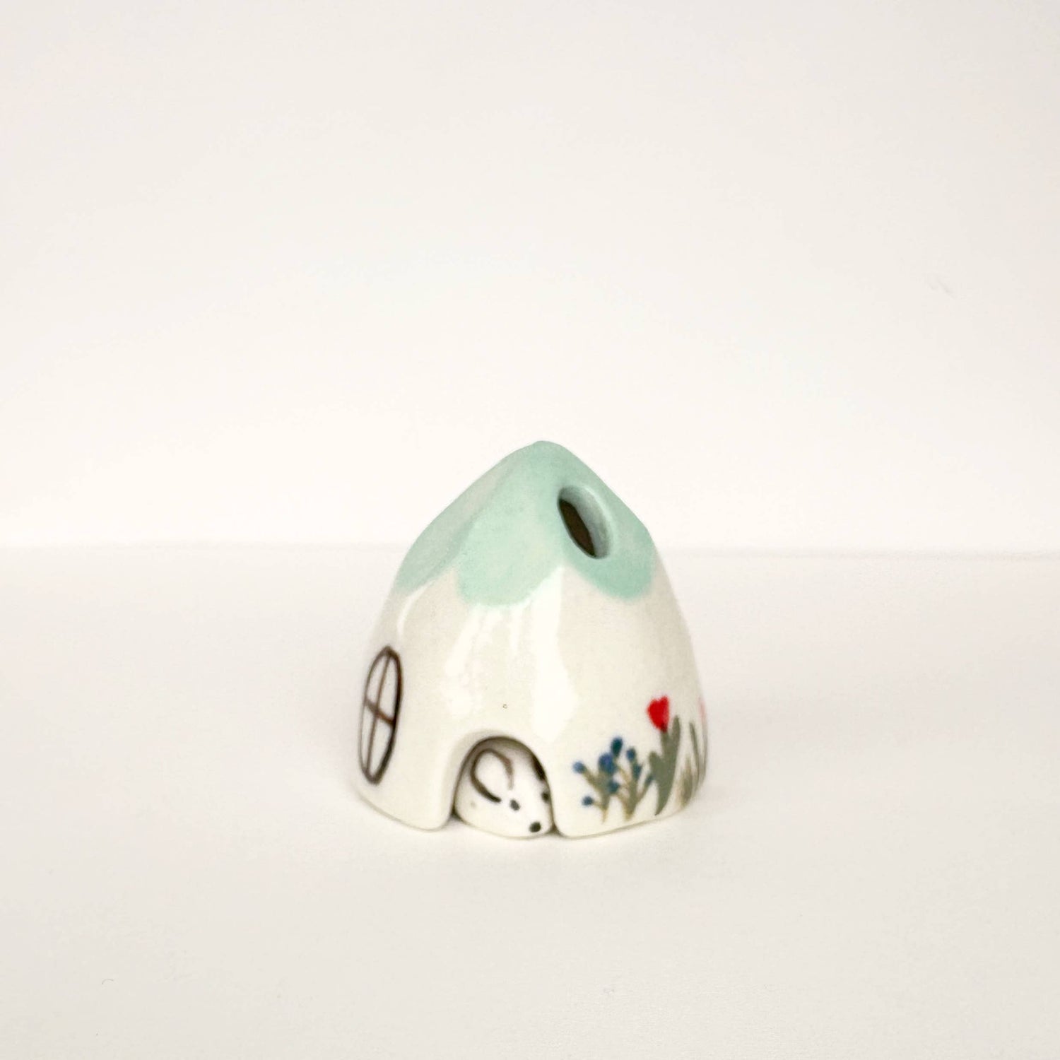 Turquoise Ceramic Mouse House Cone Incense Burner Flowers
