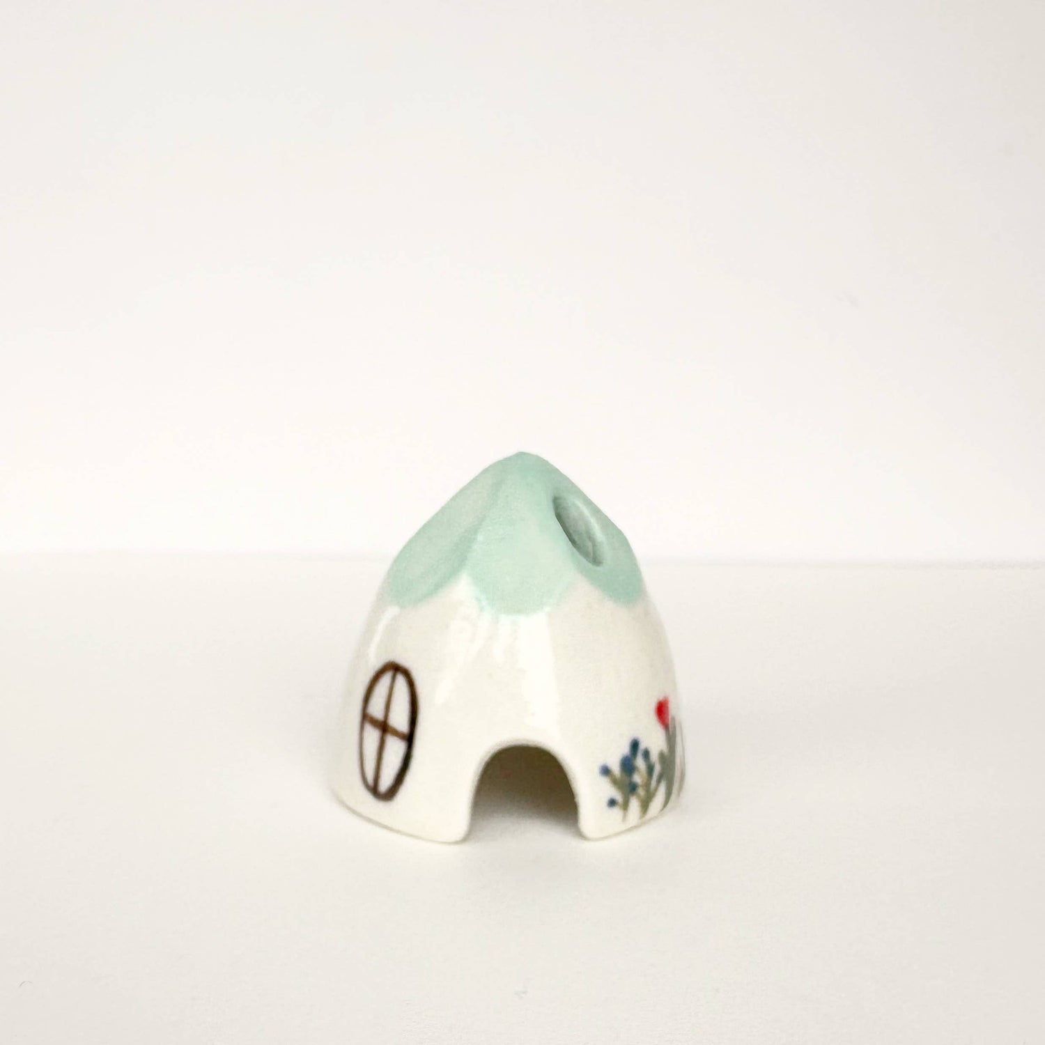 Turquoise Ceramic Mouse House Cone Incense Burner Flowers