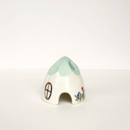 Turquoise Ceramic Mouse House Cone Incense Burner Flowers