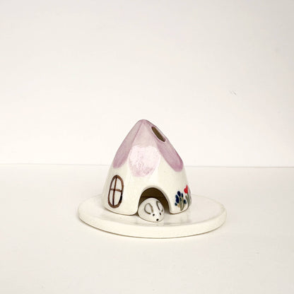 Violet Ceramic Mouse House Cone Incense Burner With Flowers