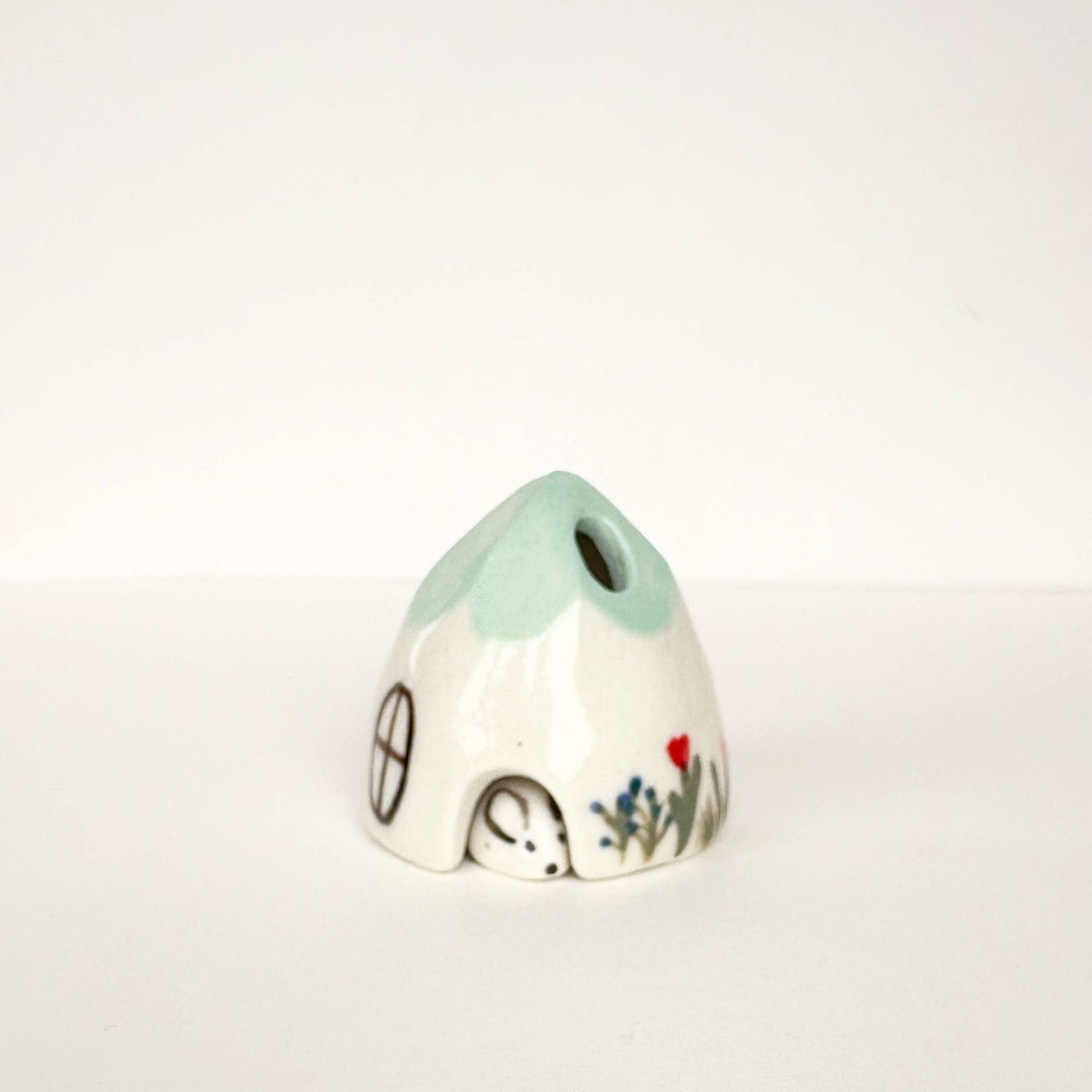 Turquoise Ceramic Mouse House Cone Incense Burner Flowers