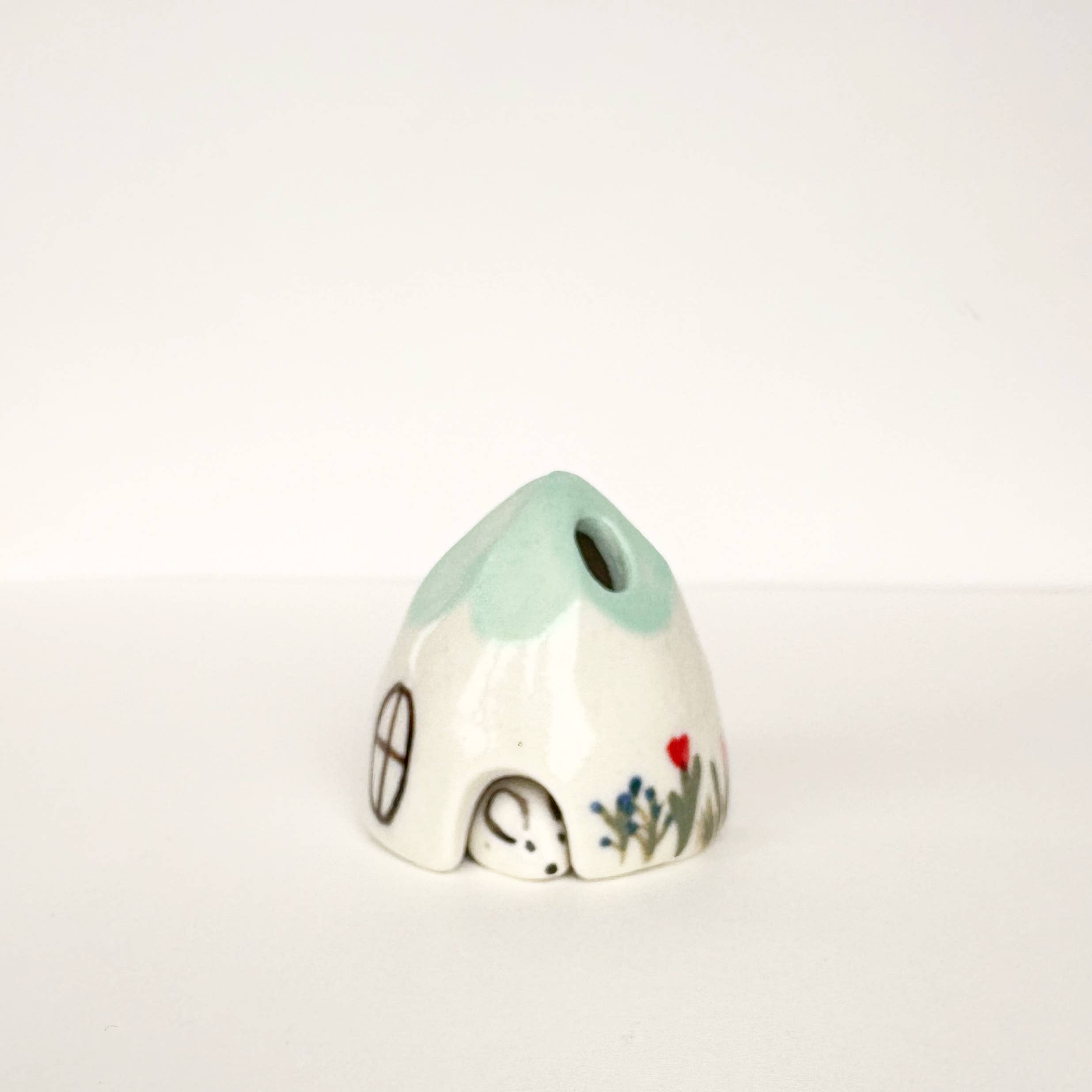 Turquoise Ceramic Mouse House Cone Incense Burner Flowers