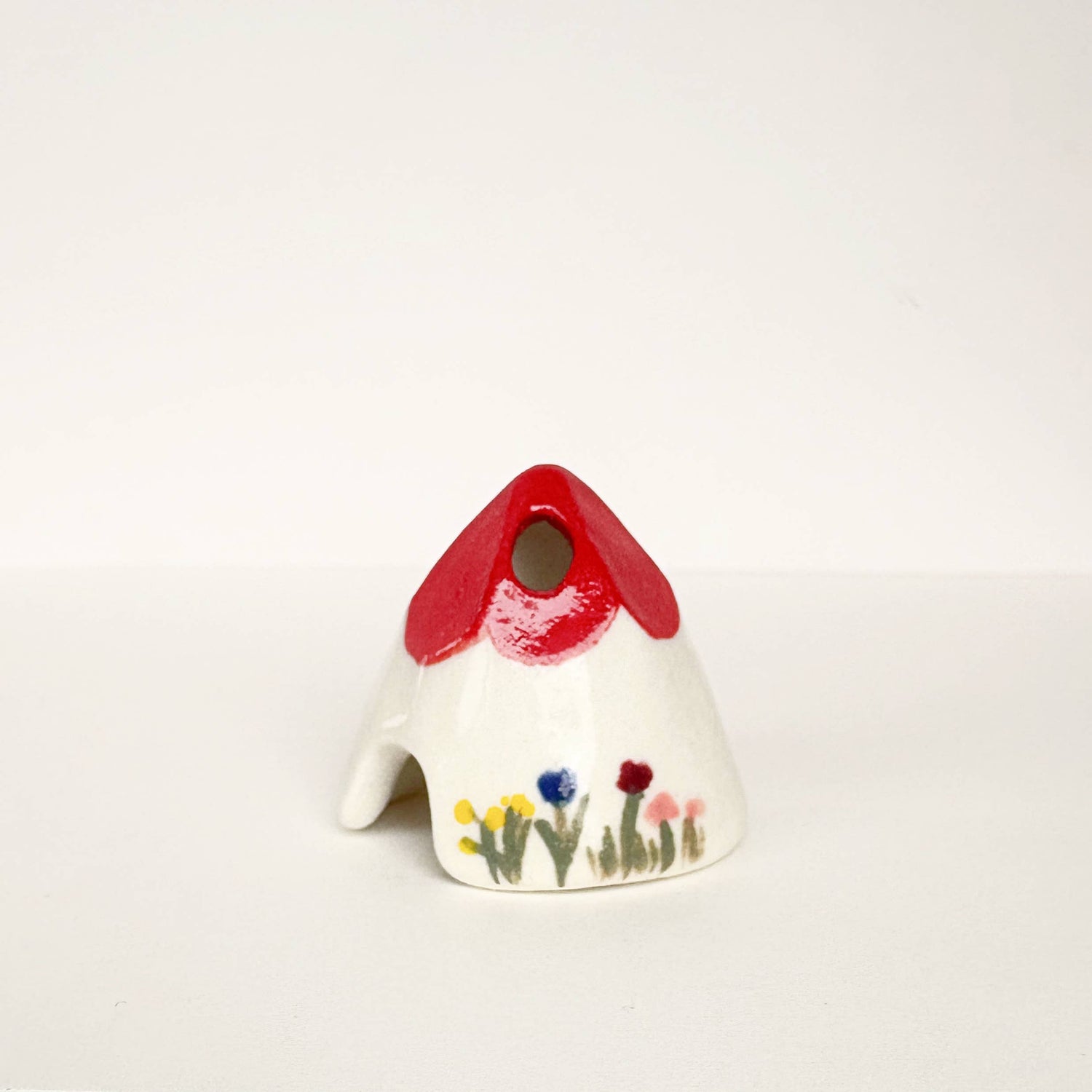 Red Ceramic Mouse House Cone Incense Burner With Flowers