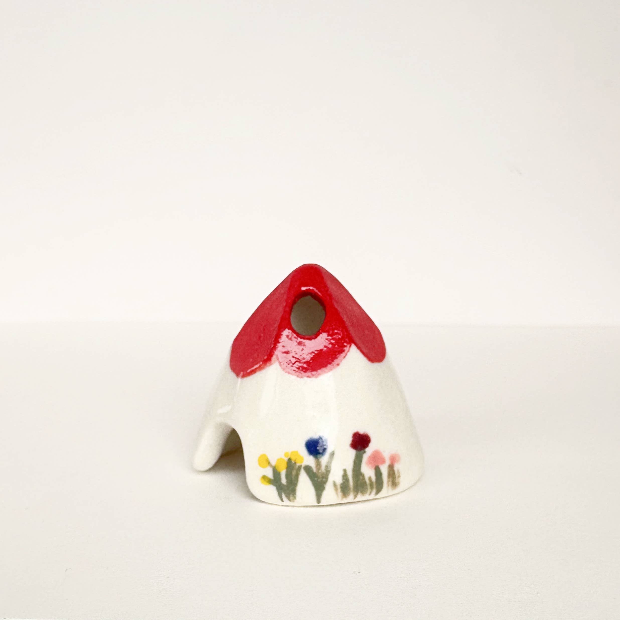 Red Ceramic Mouse House Cone Incense Burner With Flowers