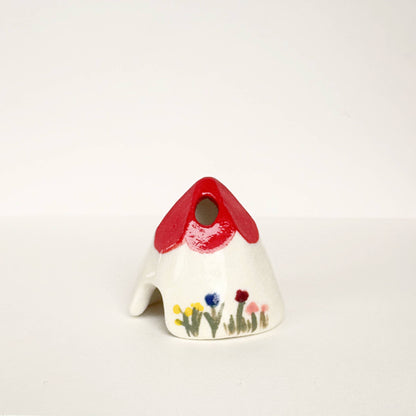 Red Ceramic Mouse House Cone Incense Burner With Flowers