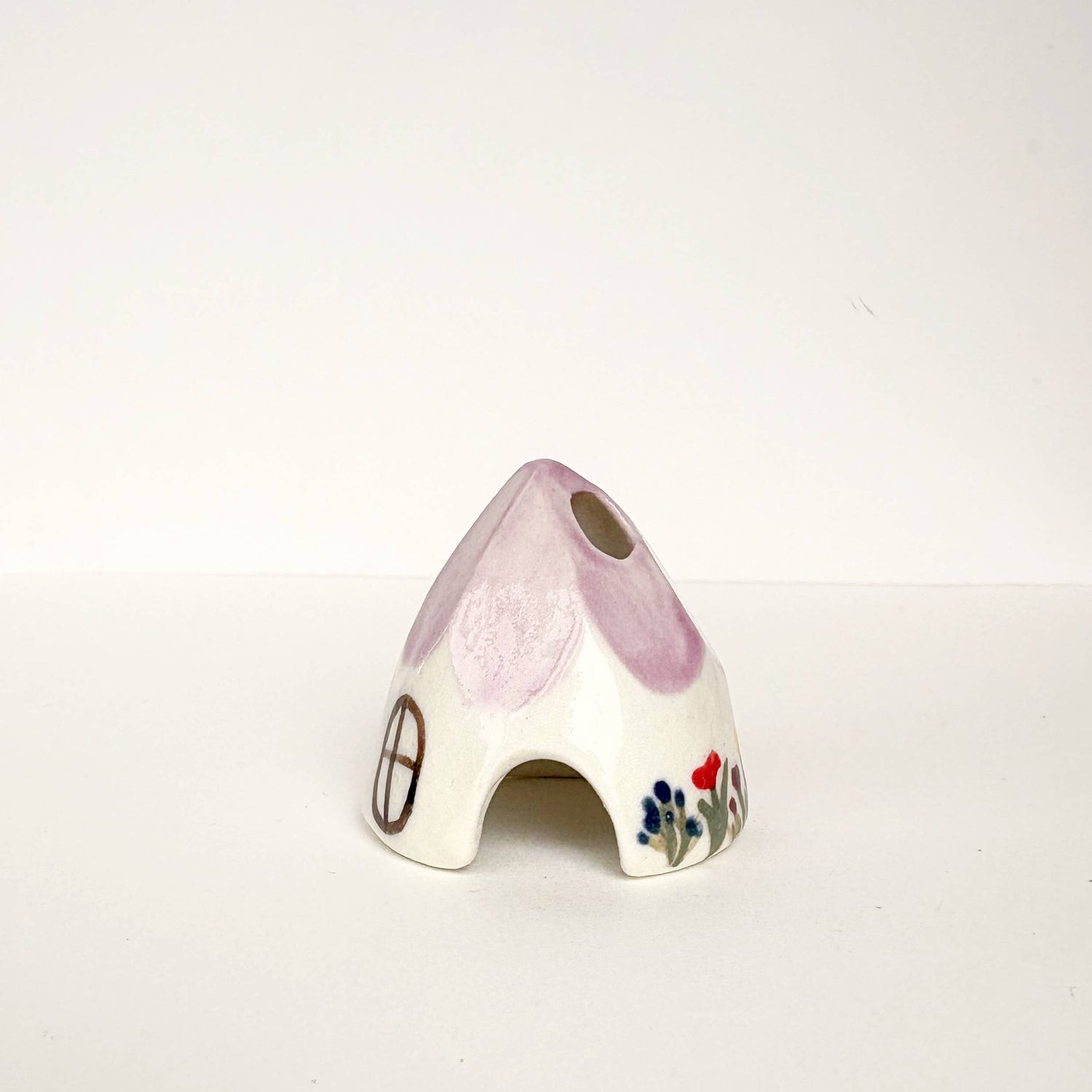 Violet Ceramic Mouse House Cone Incense Burner With Flowers