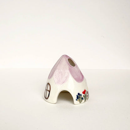Violet Ceramic Mouse House Cone Incense Burner With Flowers