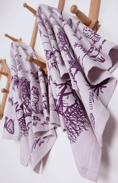Tea towel | outside cats - purple cotton flour sack kitchen dish cloth