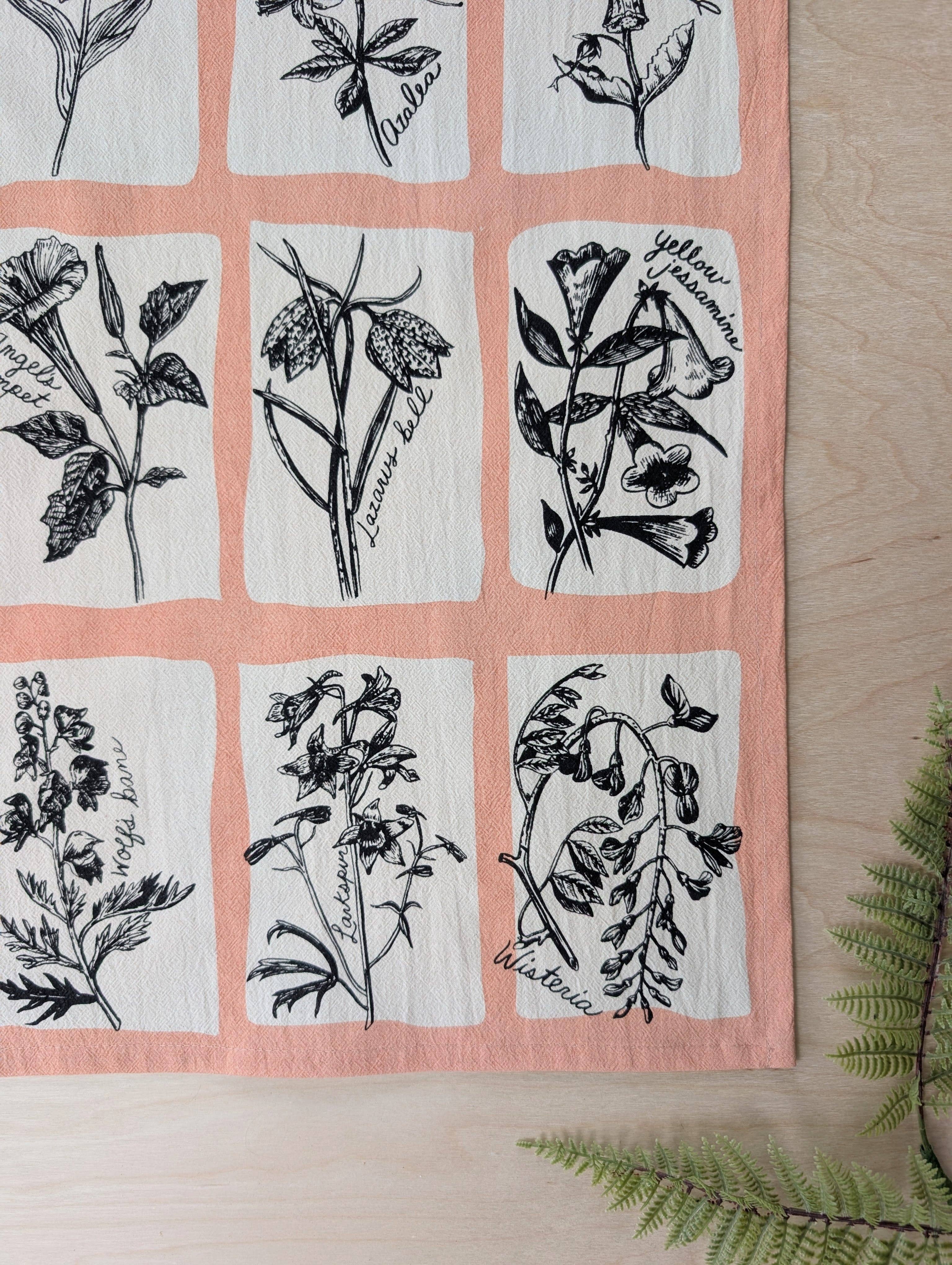 Tea towel | fatal florals - poisonous flower pink cotton flour sack kitchen dish cloth