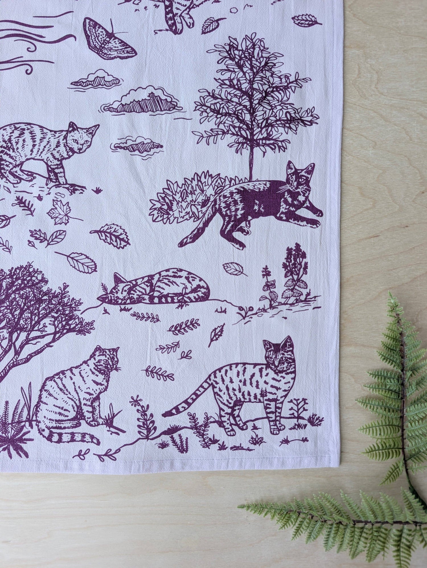 Tea towel | outside cats - purple cotton flour sack kitchen dish cloth