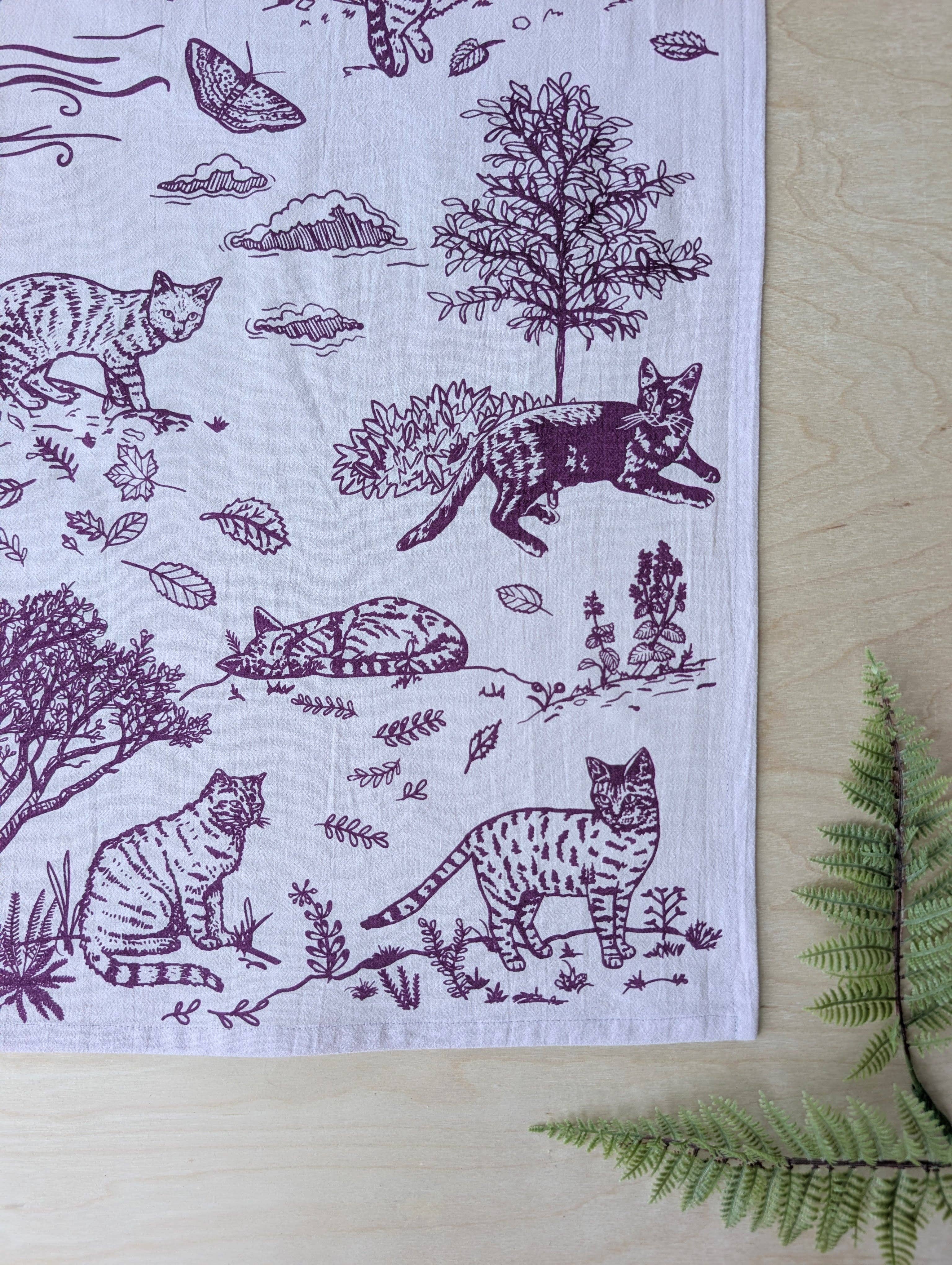 Tea towel | outside cats - purple cotton flour sack kitchen dish cloth