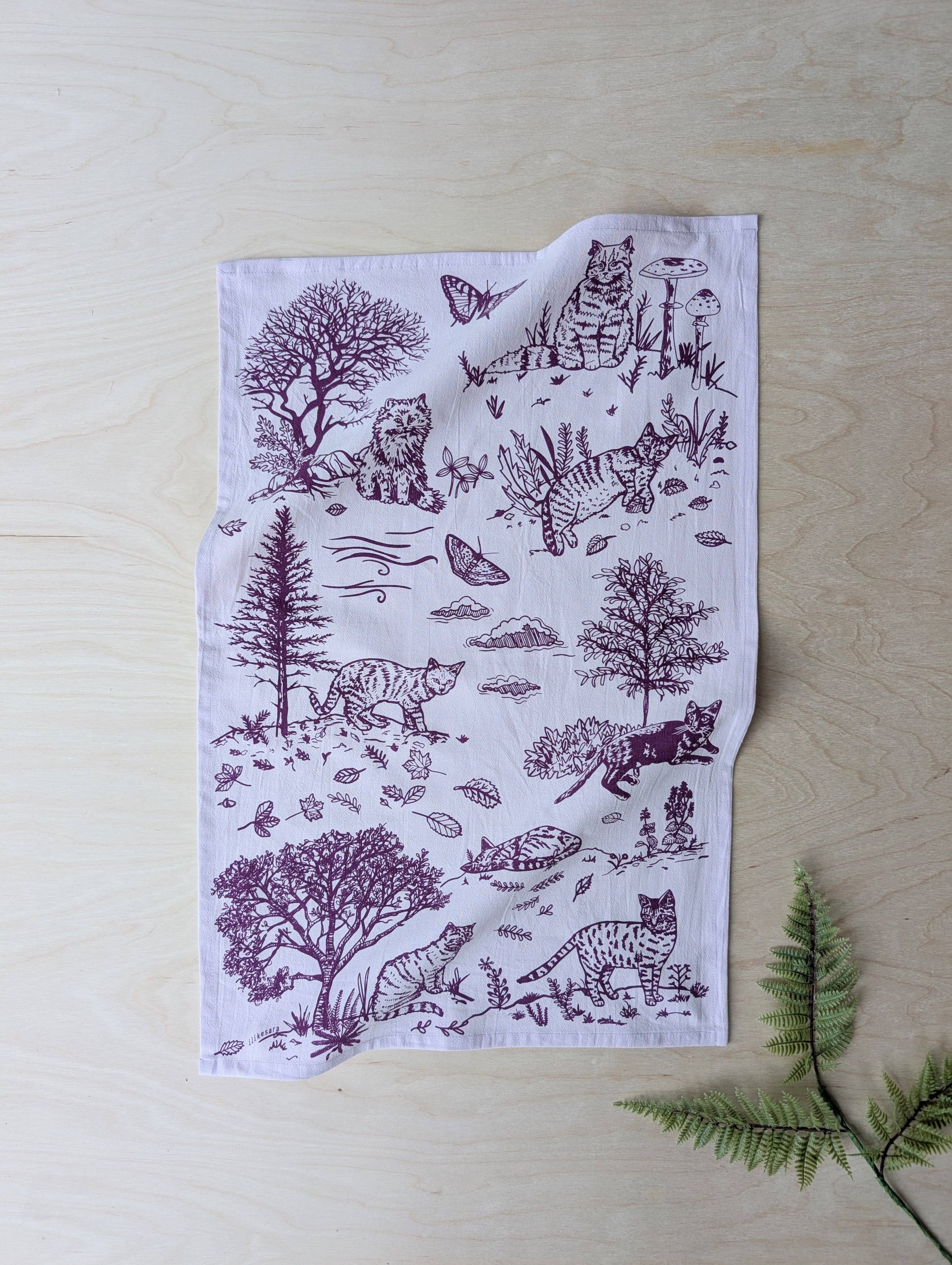 Tea towel | outside cats - purple cotton flour sack kitchen dish cloth