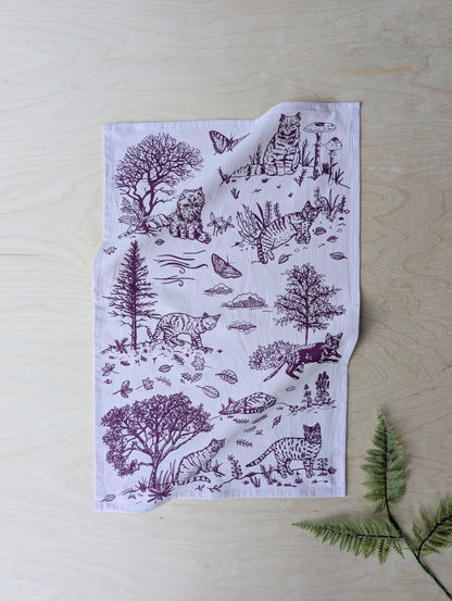 Tea towel | outside cats - purple cotton flour sack kitchen dish cloth