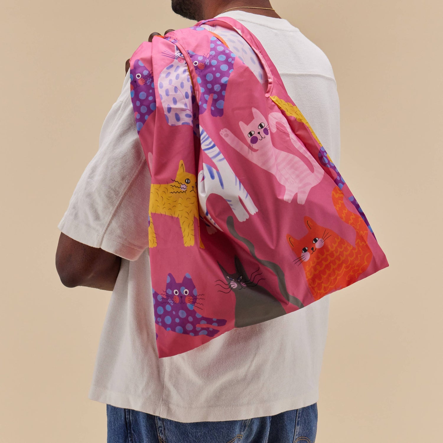 New Print! Fuchsia Arty Cats Eco-Friendly Reusable Bag