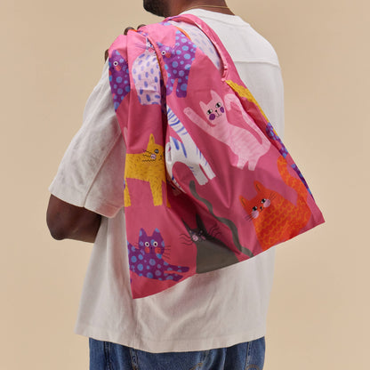 New Print! Fuchsia Arty Cats Eco-Friendly Reusable Bag