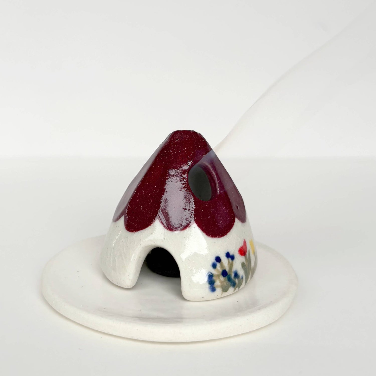 Turquoise Ceramic Mouse House Cone Incense Burner Flowers