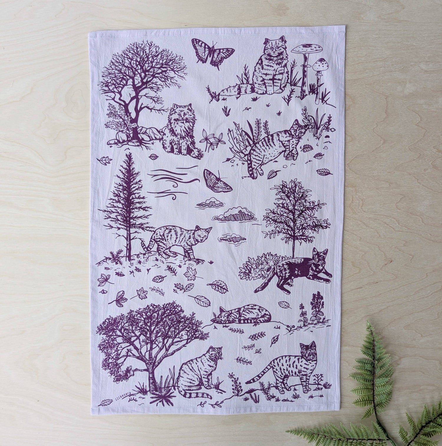 Tea towel | outside cats - purple cotton flour sack kitchen dish cloth