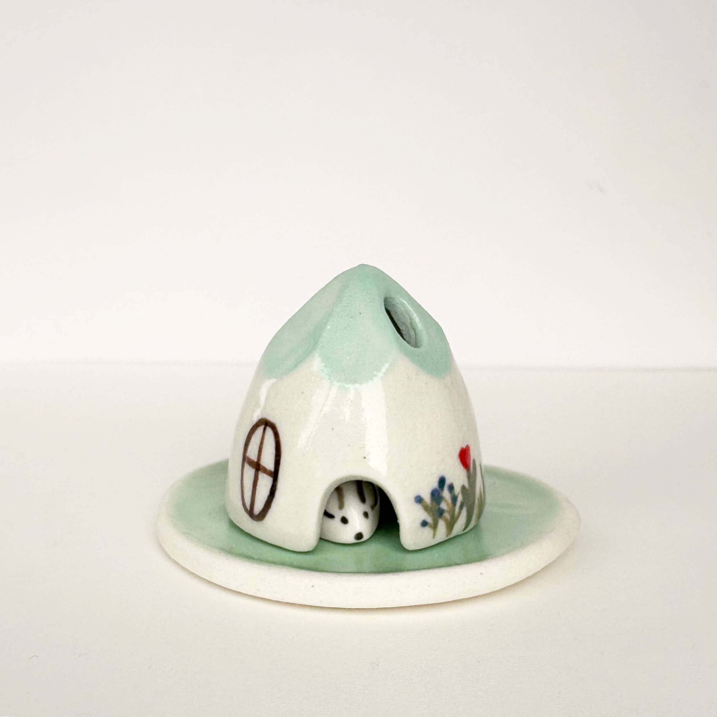 Turquoise Ceramic Mouse House Cone Incense Burner Flowers