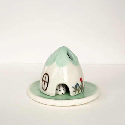 Turquoise Ceramic Mouse House Cone Incense Burner Flowers