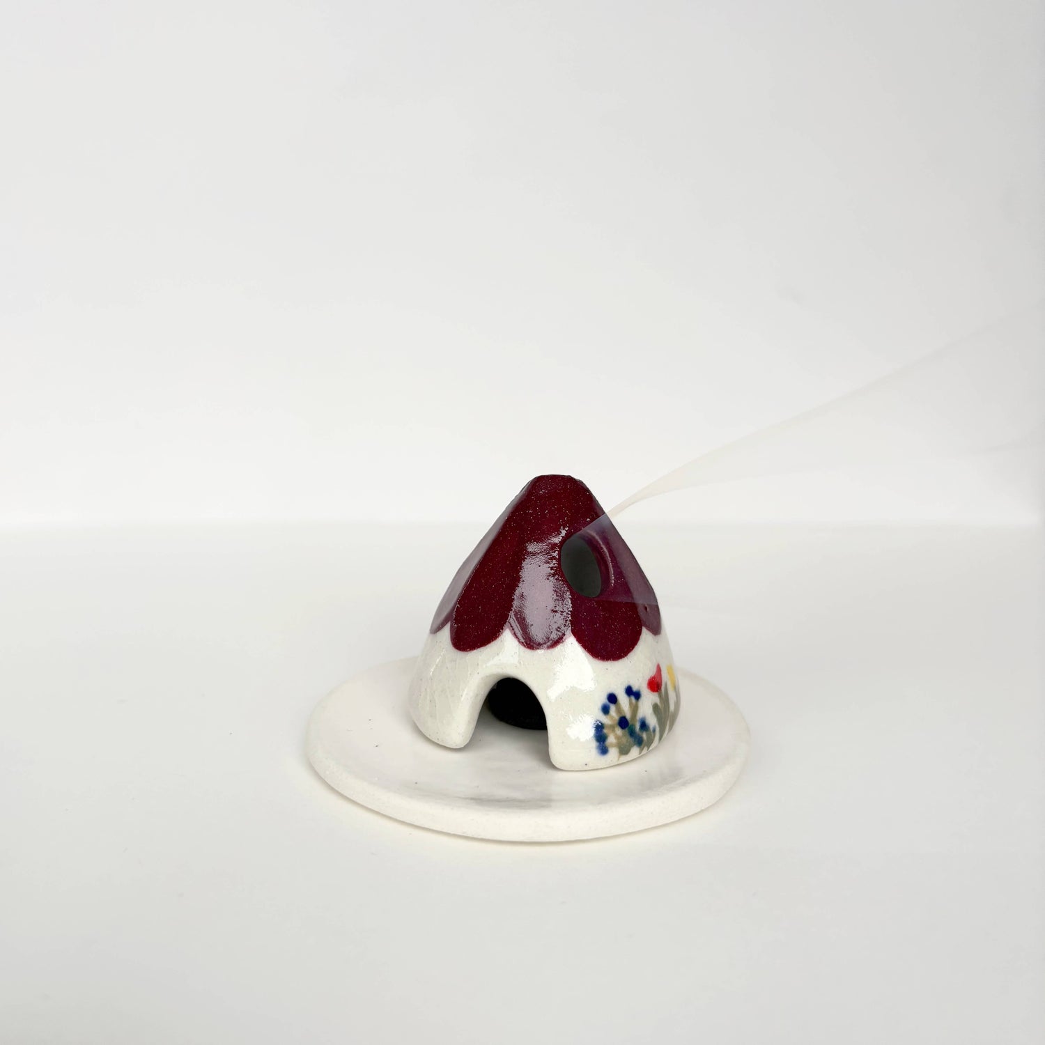 Red Ceramic Mouse House Cone Incense Burner With Flowers