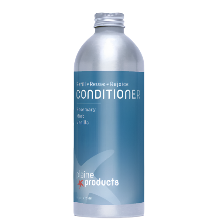 Bottle of conditioner with a blue label on a white background