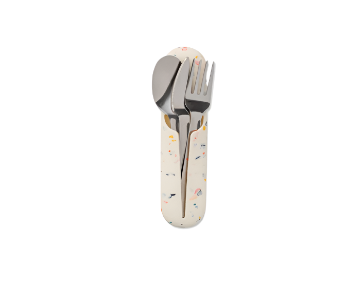 fork, knife, and spoon in a silicone carrying case